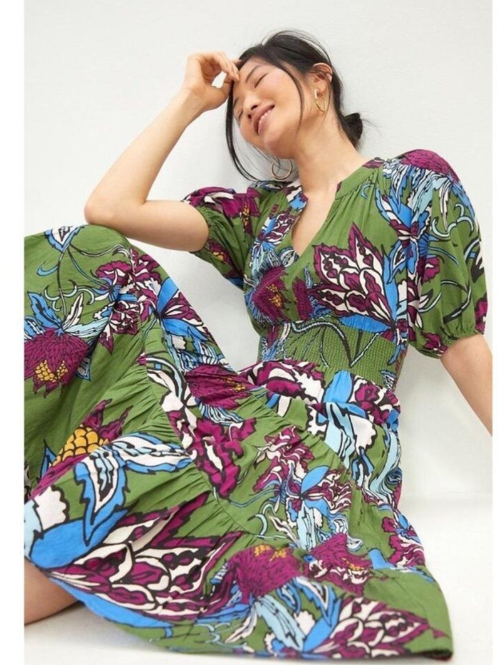 Anthropologie Conditions Apply Green Puff Sleeve V-neck Cotton Midi Dress